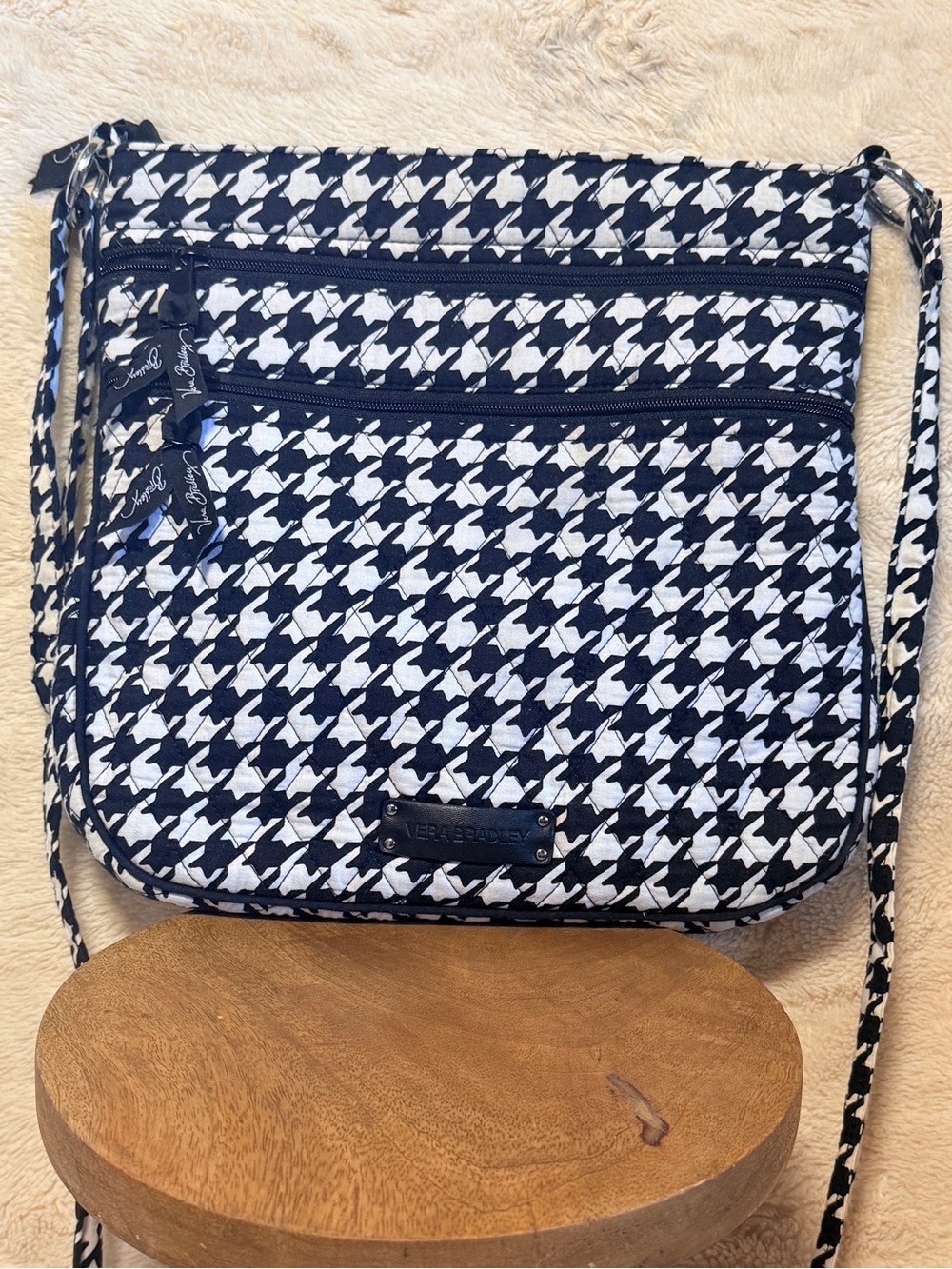Vera Bradley Triple Zip Crossbody purse in a black and white houndstooth pattern